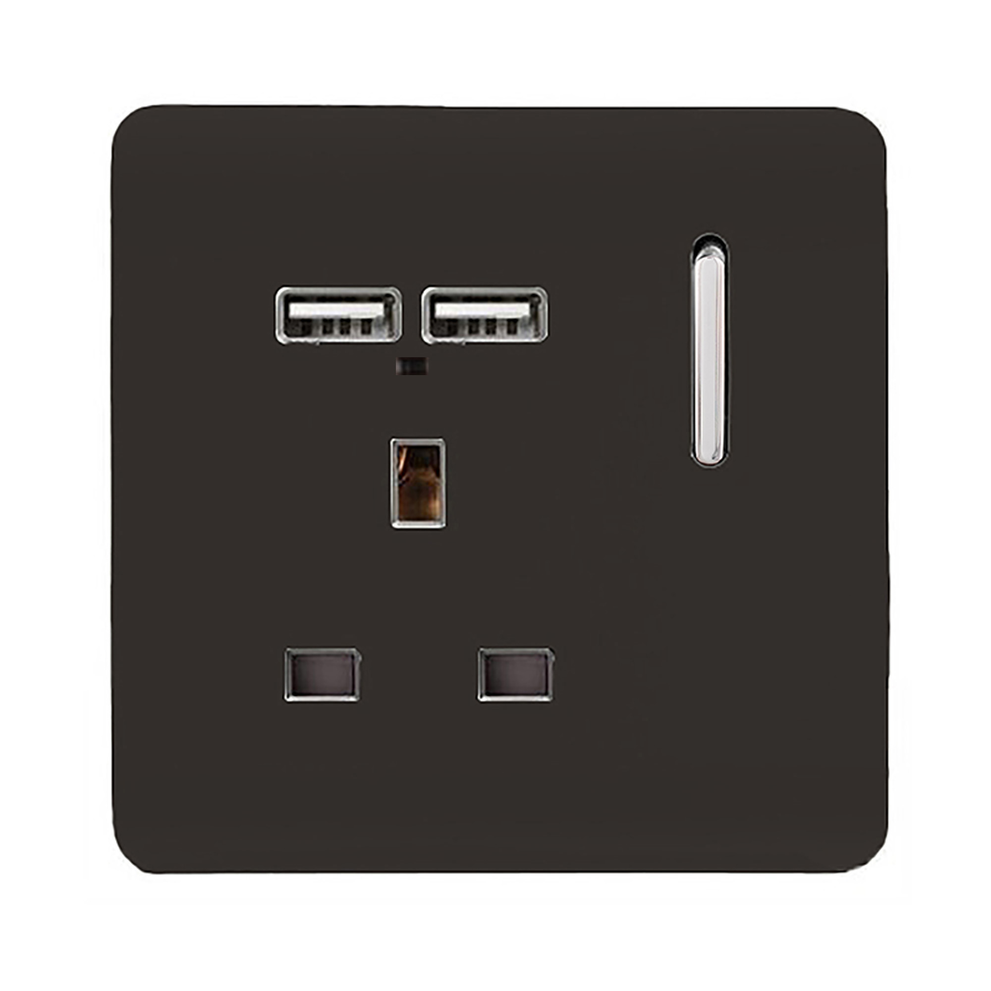 1 Gang Switched Single Socket 13A With 2 x USB-A 10W (Shared) With Neon Insert Dark Brown